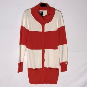 Volcom Ivory Orange Wide Stripes Long Button Up Cowl Neck Cotton Knit Cardigan M